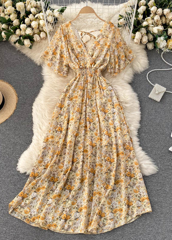 New Blue V Neck Lace Up Print Chiffon Vacation Dresses Summer TR051 ZS-SDL240730