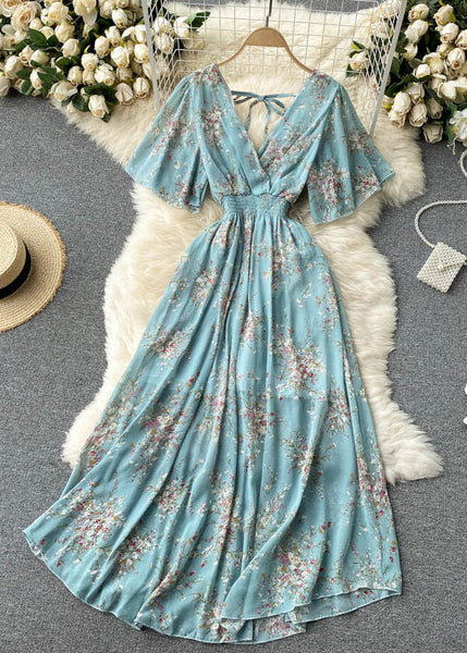 New Blue V Neck Lace Up Print Chiffon Vacation Dresses Summer TR051 ZS-SDL240730
