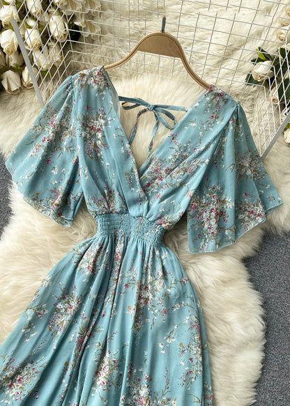 New Blue V Neck Lace Up Print Chiffon Vacation Dresses Summer TR051 ZS-SDL240730