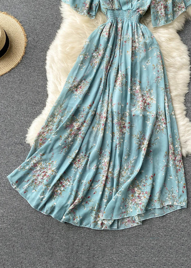 New Blue V Neck Lace Up Print Chiffon Vacation Dresses Summer TR051 ZS-SDL240730