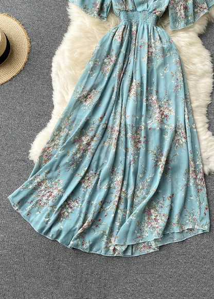 New Blue V Neck Lace Up Print Chiffon Vacation Dresses Summer TR051 ZS-SDL240730