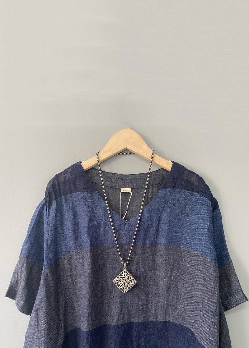 New Blue V Neck Patchwork Linen Dress Summer AU1071 MZF-240903