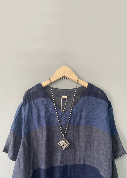 New Blue V Neck Patchwork Linen Dress Summer AU1071 MZF-240903