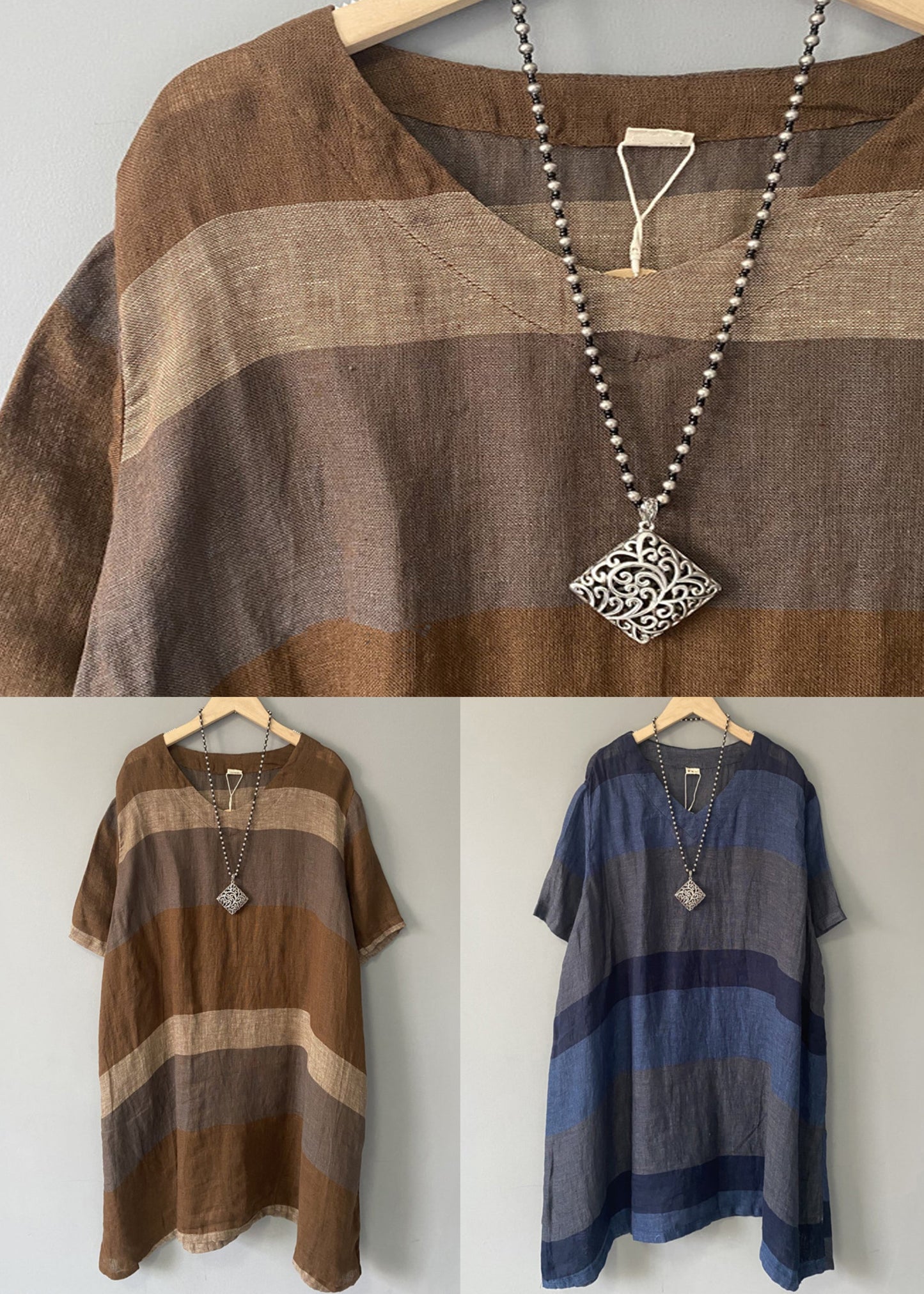 New Blue V Neck Patchwork Linen Dress Summer AU1071 MZF-240903