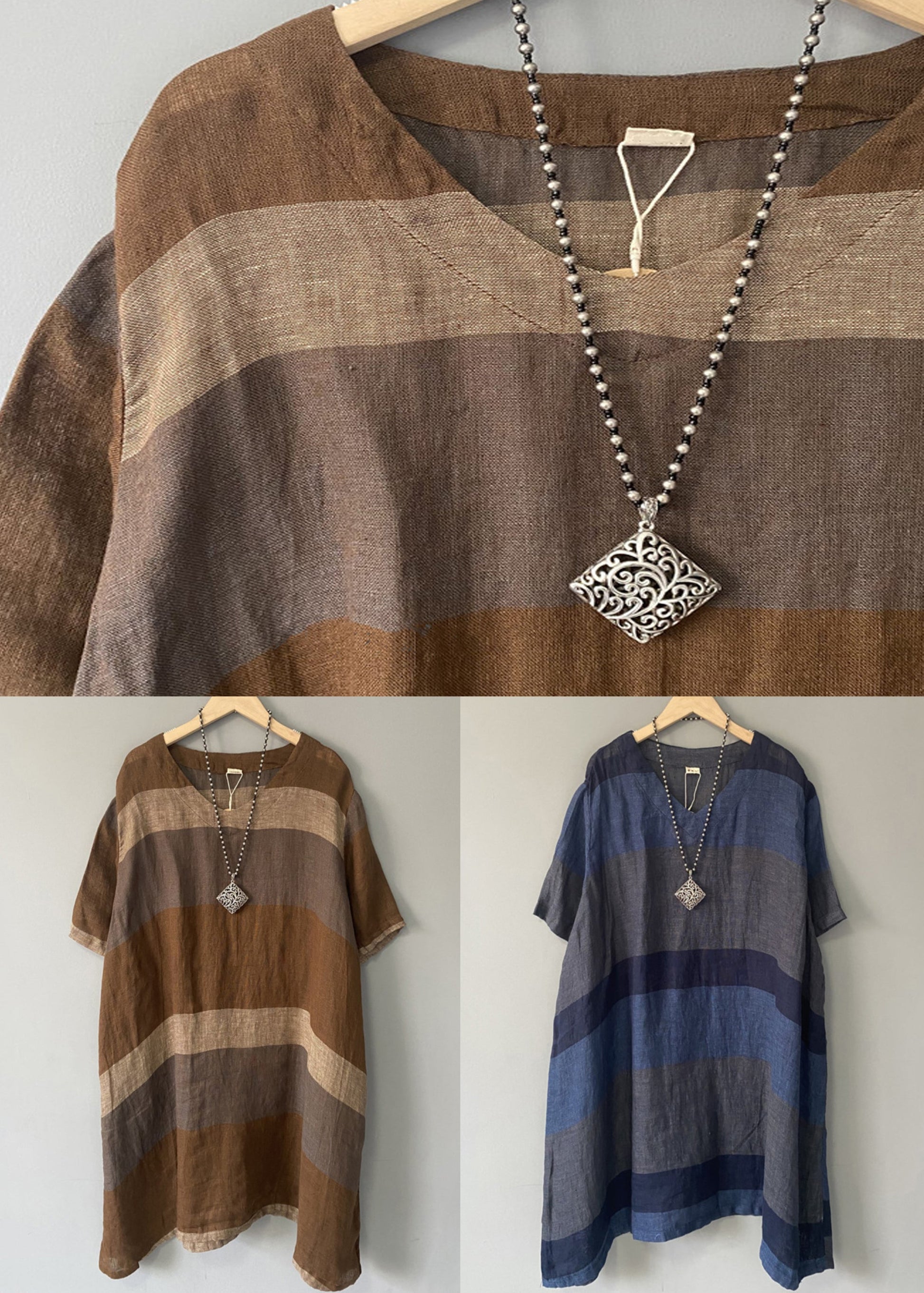 New Blue V Neck Patchwork Linen Dress Summer AU1071 MZF-240903