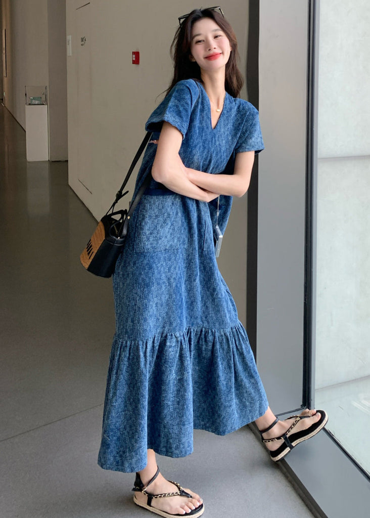 New Blue V Neck Pockets Denim Long Dress Summer MN037 MMDM-SDL240704