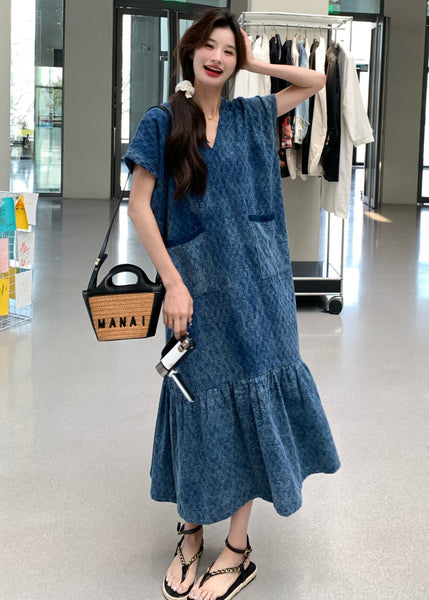 New Blue V Neck Pockets Denim Long Dress Summer MN037 MMDM-SDL240704