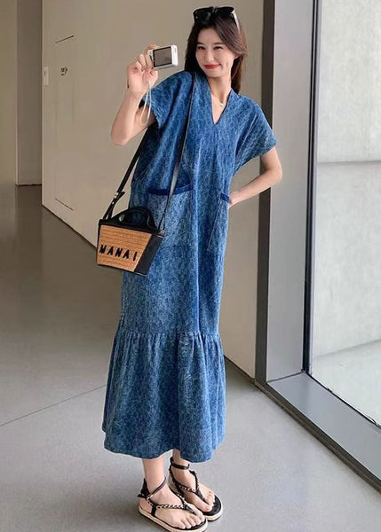 New Blue V Neck Pockets Denim Long Dress Summer MN037 MMDM-SDL240704