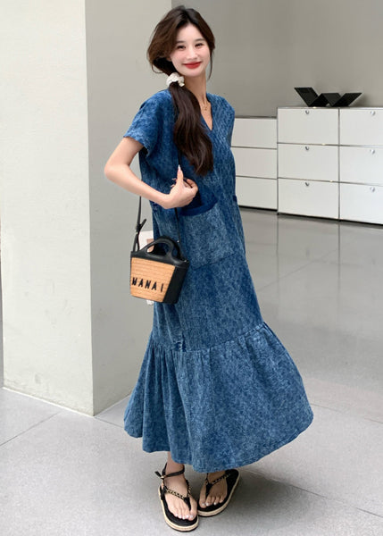 New Blue V Neck Pockets Denim Long Dress Summer MN037 MMDM-SDL240704