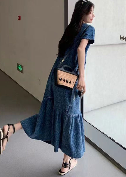 New Blue V Neck Pockets Denim Long Dress Summer MN037 MMDM-SDL240704