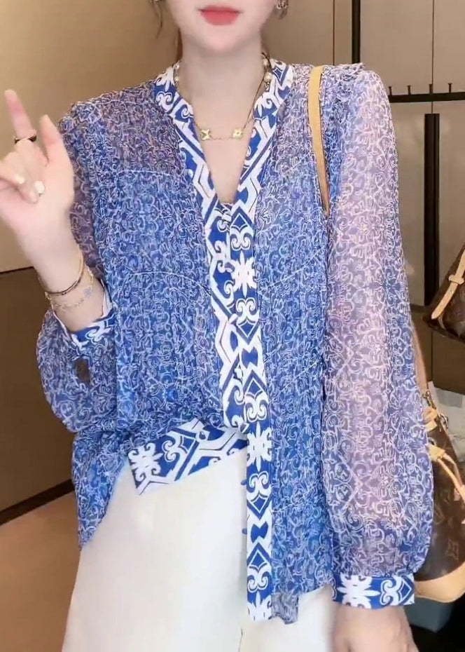 New Blue V Neck Print Chiffon Blouse Long Sleeve Ada Fashion