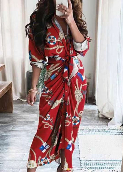 New Blue V Neck Print Lace Up Cotton Shirts Dresses Long Sleeve BB052 Hawaii-FDL240622