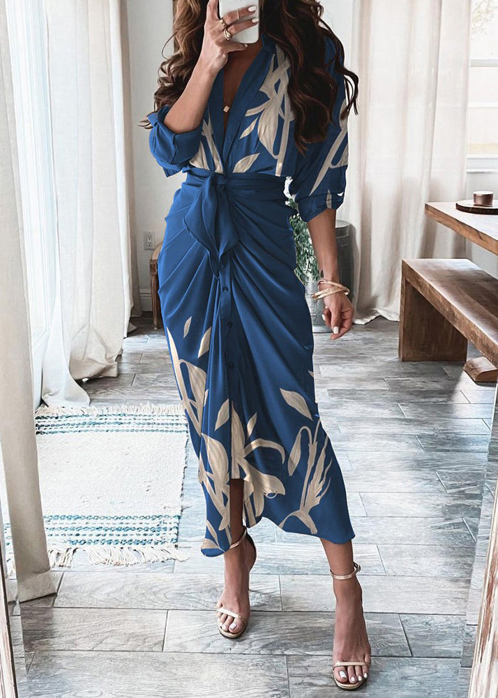 New Blue V Neck Print Lace Up Cotton Shirts Dresses Long Sleeve BB052 Hawaii-FDL240622