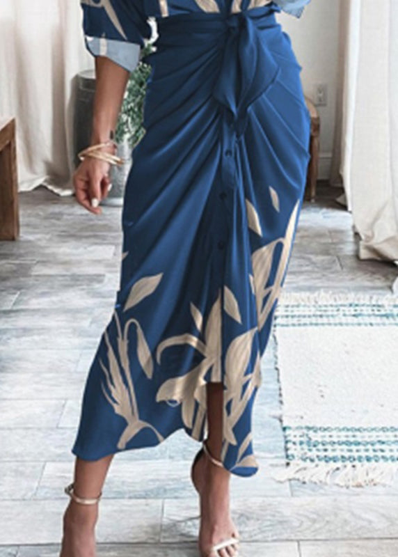 New Blue V Neck Print Lace Up Cotton Shirts Dresses Long Sleeve BB052 Hawaii-FDL240622