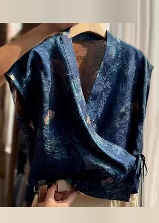 V Shirt Blue Lace Up Summer Silk Neck Print New FashionChic