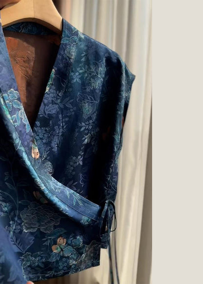 V Shirt Blue Lace Up Summer Silk Neck Print New FashionChic