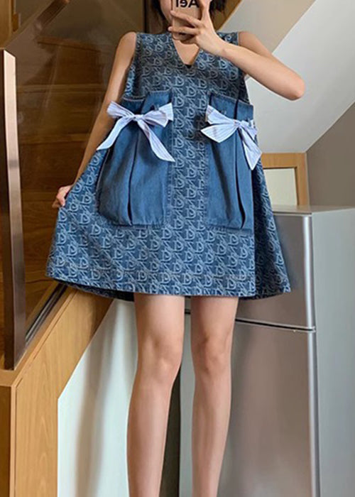 New Blue V Neck Print Pockets Denim Mid Dress Sleeveless XX047 SH-LF-SDM240611