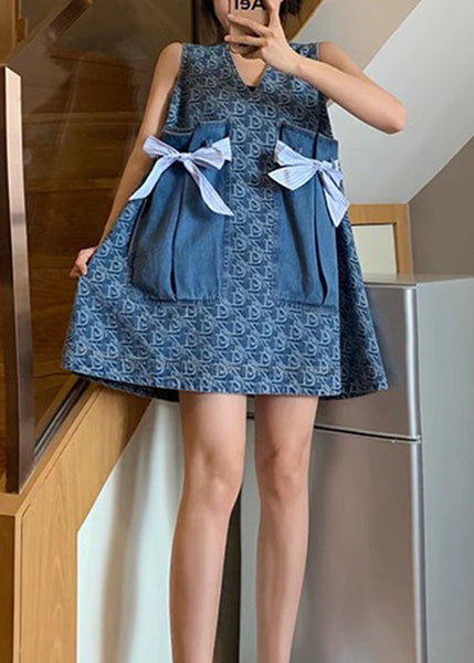 New Blue V Neck Print Pockets Denim Mid Dress Sleeveless XX047 SH-LF-SDM240611
