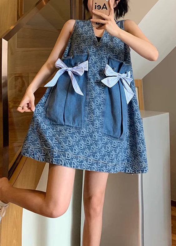 New Blue V Neck Print Pockets Denim Mid Dress Sleeveless XX047 SH-LF-SDM240611