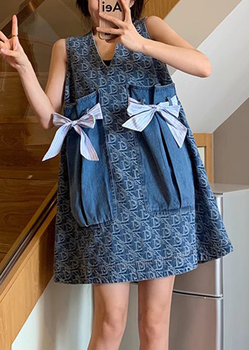 New Blue V Neck Print Pockets Denim Mid Dress Sleeveless XX047 SH-LF-SDM240611