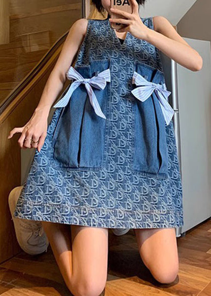 New Blue V Neck Print Pockets Denim Mid Dress Sleeveless XX047 SH-LF-SDM240611