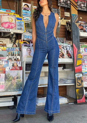 Sleeveless Zip Backless Jumpsuit Up Denim New Blue FashionChic