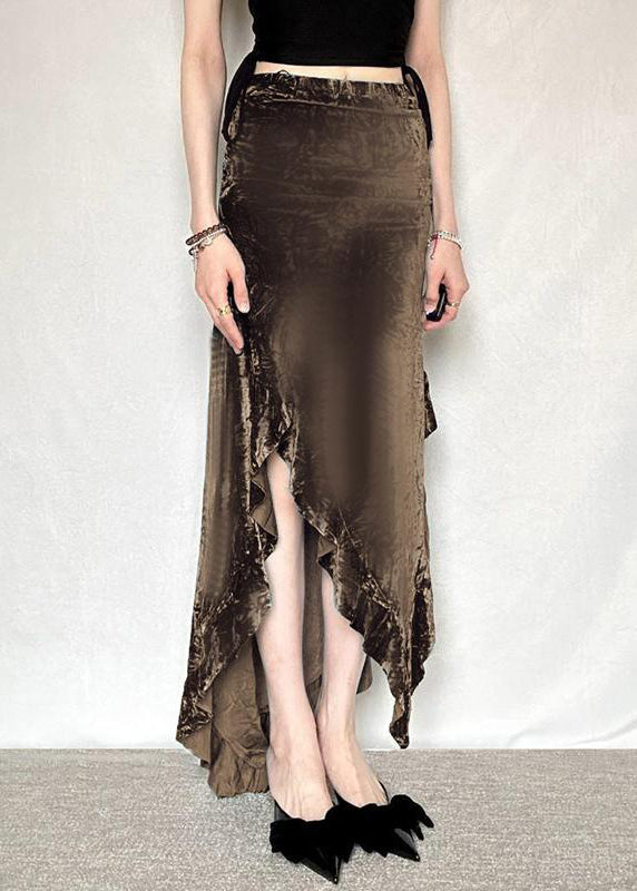 New Elastic Silk Summer Waist Velvet Skirt Brown Asymmetrical FashionChic