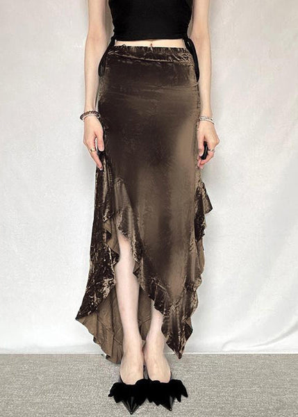 New Elastic Silk Summer Waist Velvet Skirt Brown Asymmetrical FashionChic
