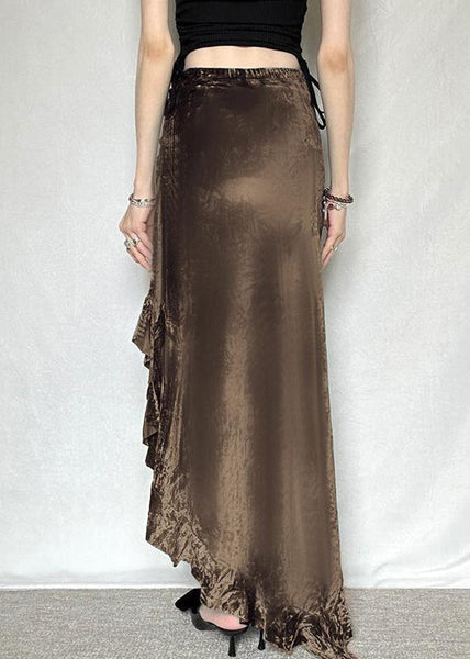 New Elastic Silk Summer Waist Velvet Skirt Brown Asymmetrical FashionChic