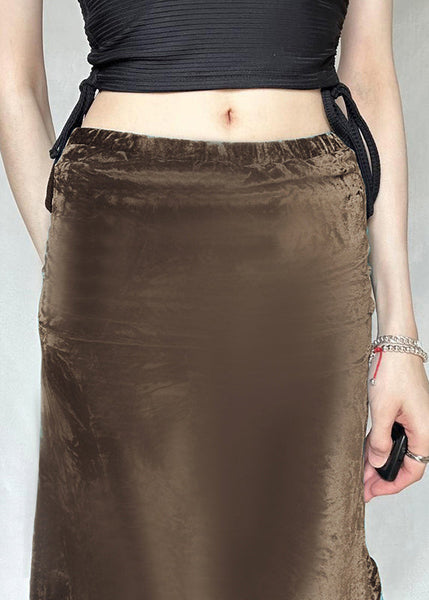 New Elastic Silk Summer Waist Velvet Skirt Brown Asymmetrical FashionChic