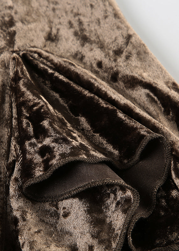 New Elastic Silk Summer Waist Velvet Skirt Brown Asymmetrical FashionChic
