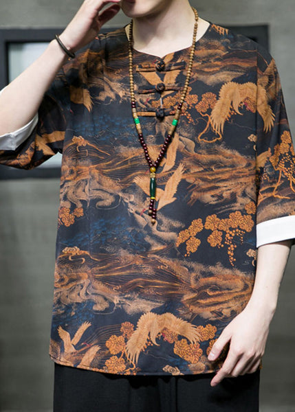 New Brown Button Print Ice Silk Men T Shirt Half Sleeve YT074 Men-Silk-MENSTP240721