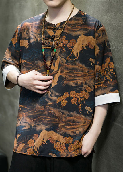 New Brown Button Print Ice Silk Men T Shirt Half Sleeve YT074 Men-Silk-MENSTP240721