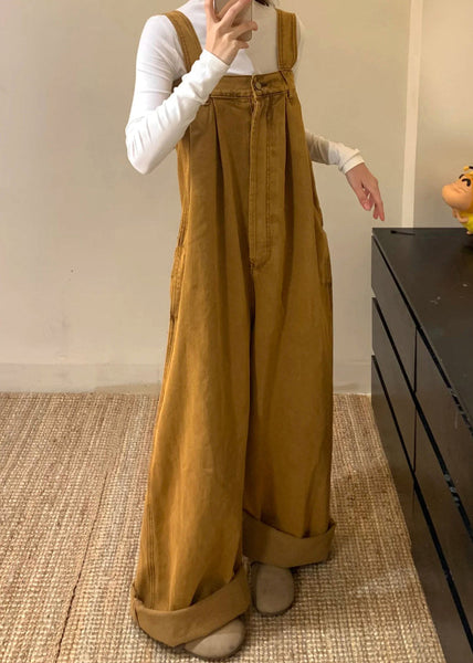 Denim Button Sleeveless Brown New Solid Jumpsuits FashionChic