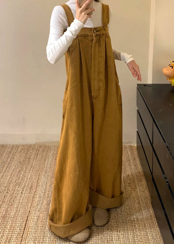 Denim Button Sleeveless Brown New Solid Jumpsuits FashionChic