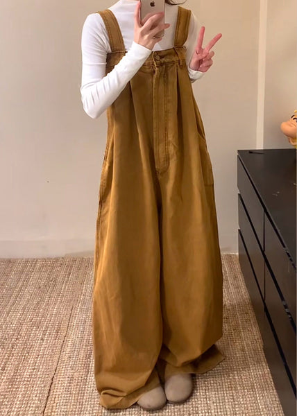 Denim Button Sleeveless Brown New Solid Jumpsuits FashionChic