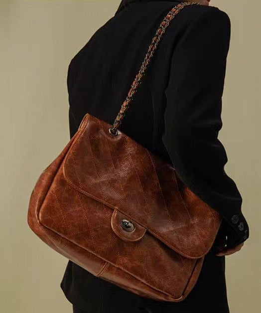 New Brown Large Capacity Faux Leather Chain Linked Satchel Handbag QF014 Bag-BGS241017