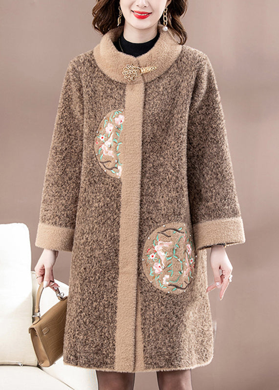New Brown Patchwork Button Mink Velvet Woolen Coats Spring TA037