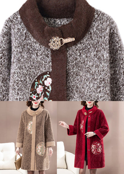 New Brown Patchwork Button Mink Velvet Woolen Coats Spring TA037