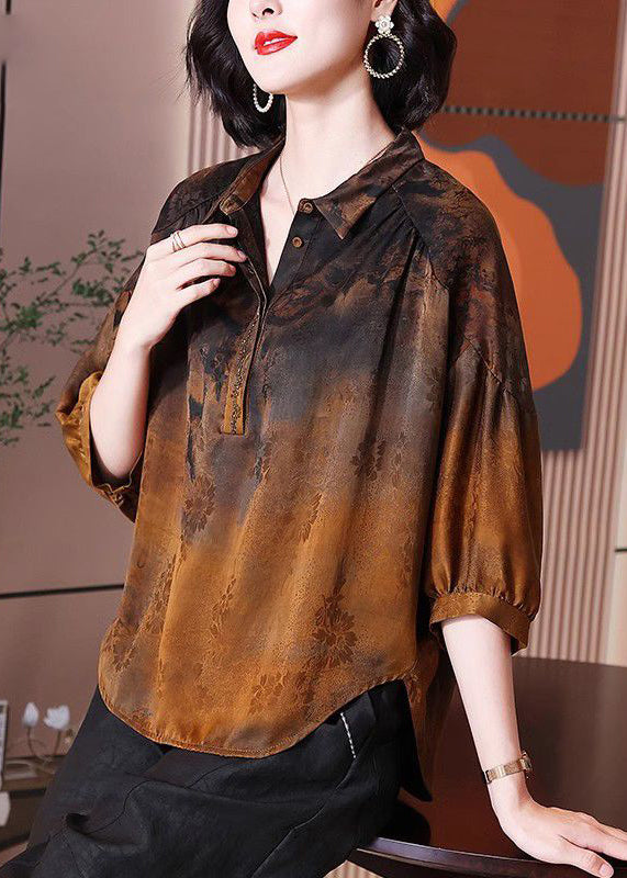 New Brown Peter Pan CollarButton Silk Blouse Half Sleeve QV057 BB-HTP241024