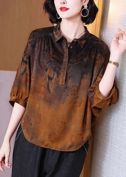 New Brown Peter Pan CollarButton Silk Blouse Half Sleeve QV057 BB-HTP241024