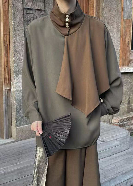 New Brown Stand Collar Patchwork Cotton Men T Shirt Fall WJ029 MENT241119