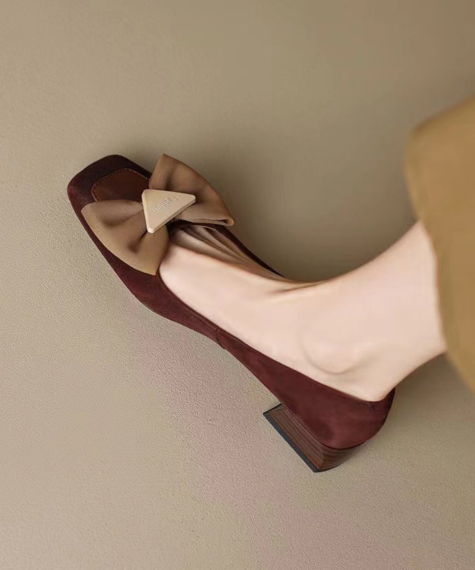 New Brown Suede Penny Loafers Splicing Bow Square Toe RI034 ABC