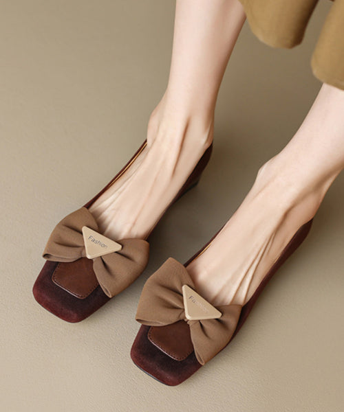 New Brown Suede Penny Loafers Splicing Bow Square Toe RI034 ABC