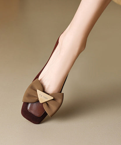 New Brown Suede Penny Loafers Splicing Bow Square Toe RI034 ABC