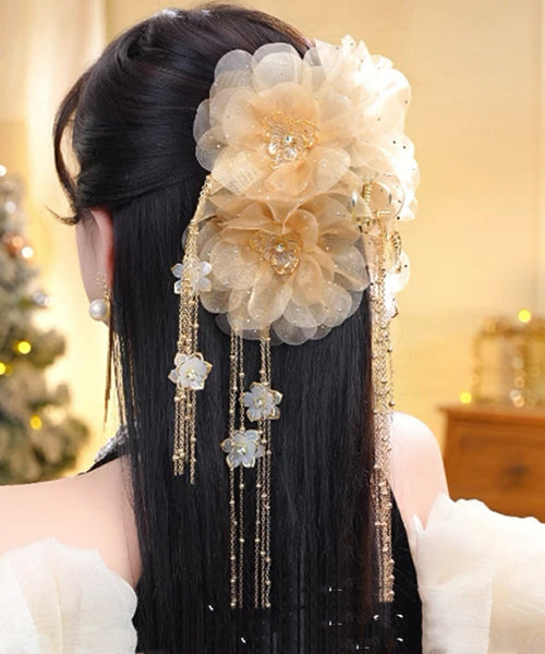 Tulle Hairpin New Butterfly Floral Tassel Zircon Champagne FashionChic
