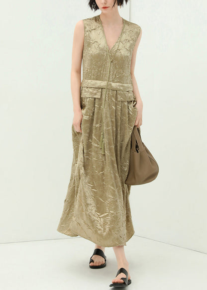 New Champagne V Neck Tasseled Silk Long Dresses Sleeveless AA1042 Ada Fashion