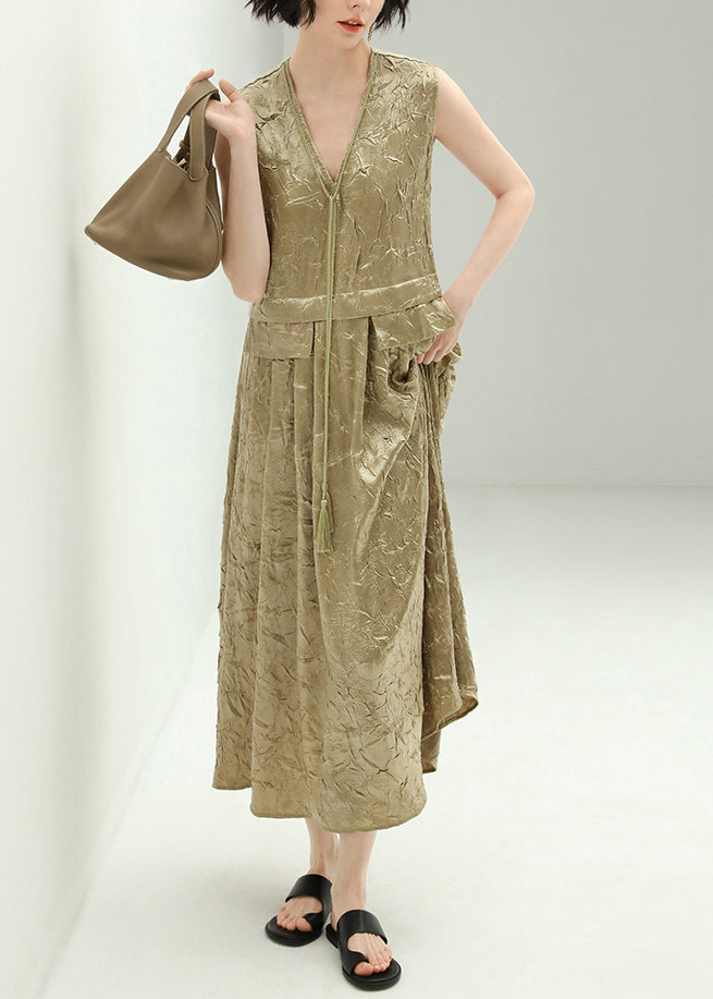 New Champagne V Neck Tasseled Silk Long Dresses Sleeveless AA1042 Ada Fashion