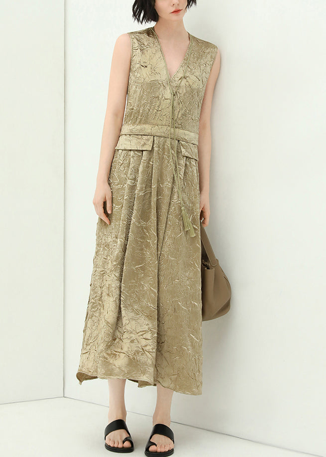 New Champagne V Neck Tasseled Silk Long Dresses Sleeveless AA1042 Ada Fashion