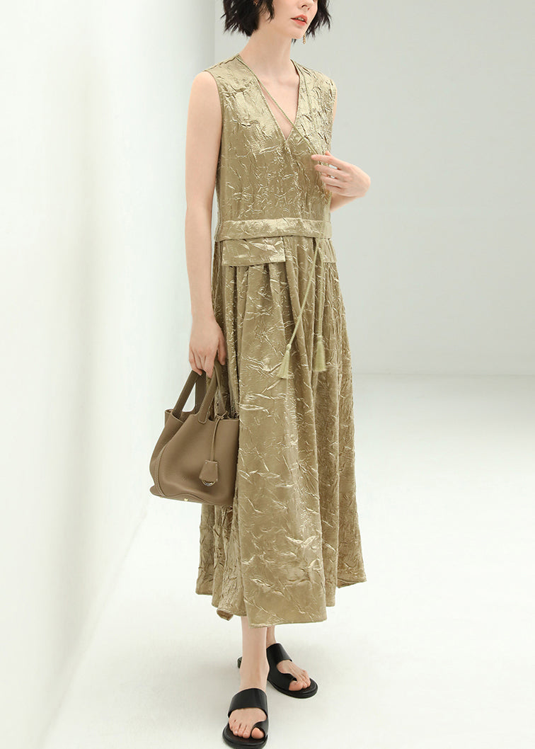 New Champagne V Neck Tasseled Silk Long Dresses Sleeveless AA1042 Ada Fashion